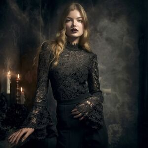 Bebe Black Lace Blouse Bell Sleeve KeyHole Back Gothic Romantic Size M‎